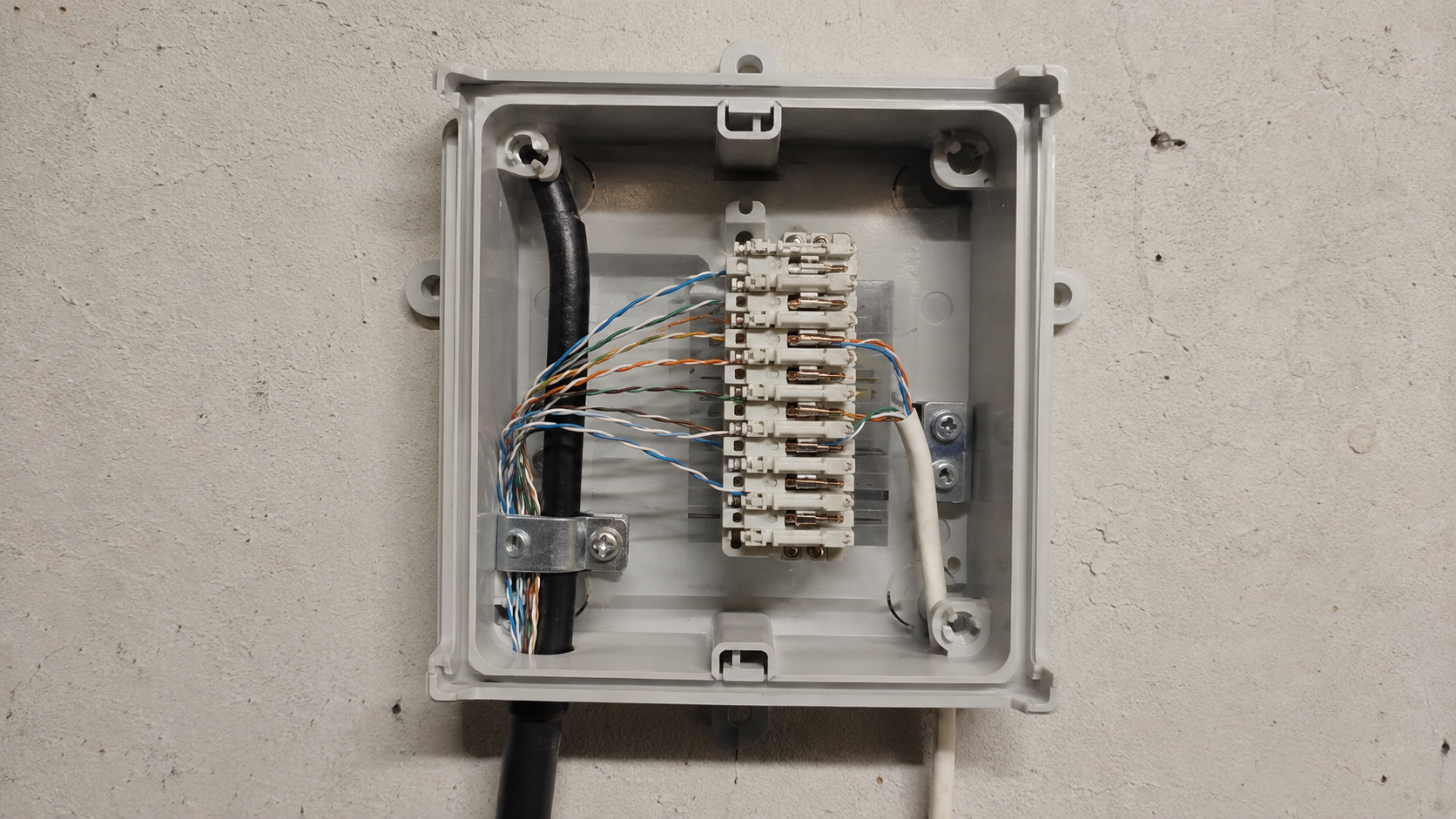 Geöffneter Kupfer-APL mit ankommendem Mehraderkabel, Anschlussklemmen und abgehender Endleitung.