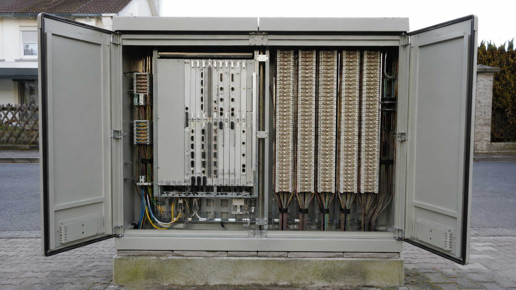 Geöffneter DSLAM beziehungsweise MSAN mit Linecards und Kupfer-Anschlussleisten.