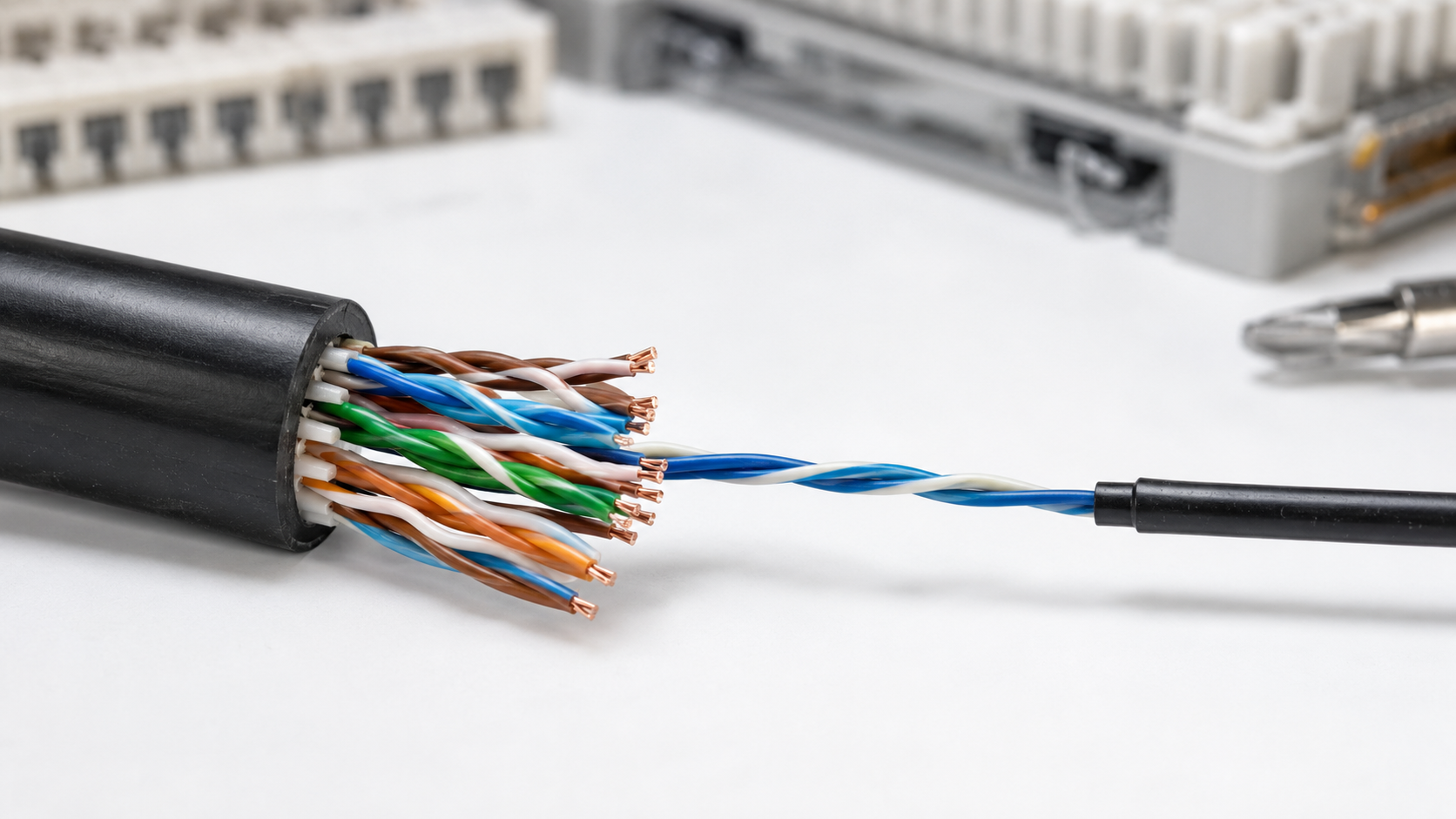 Kupfer-Doppeladern eines Telefon- und DSL-Zugangsnetzes.