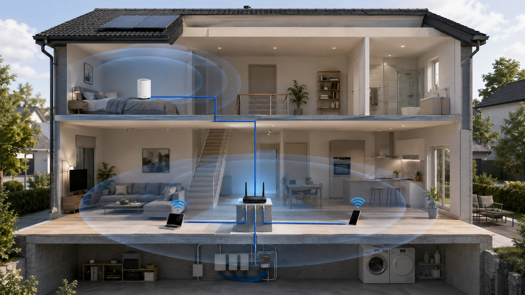 Wohnhaus mit Router, LAN-Verkabelung und WLAN-Versorgung.