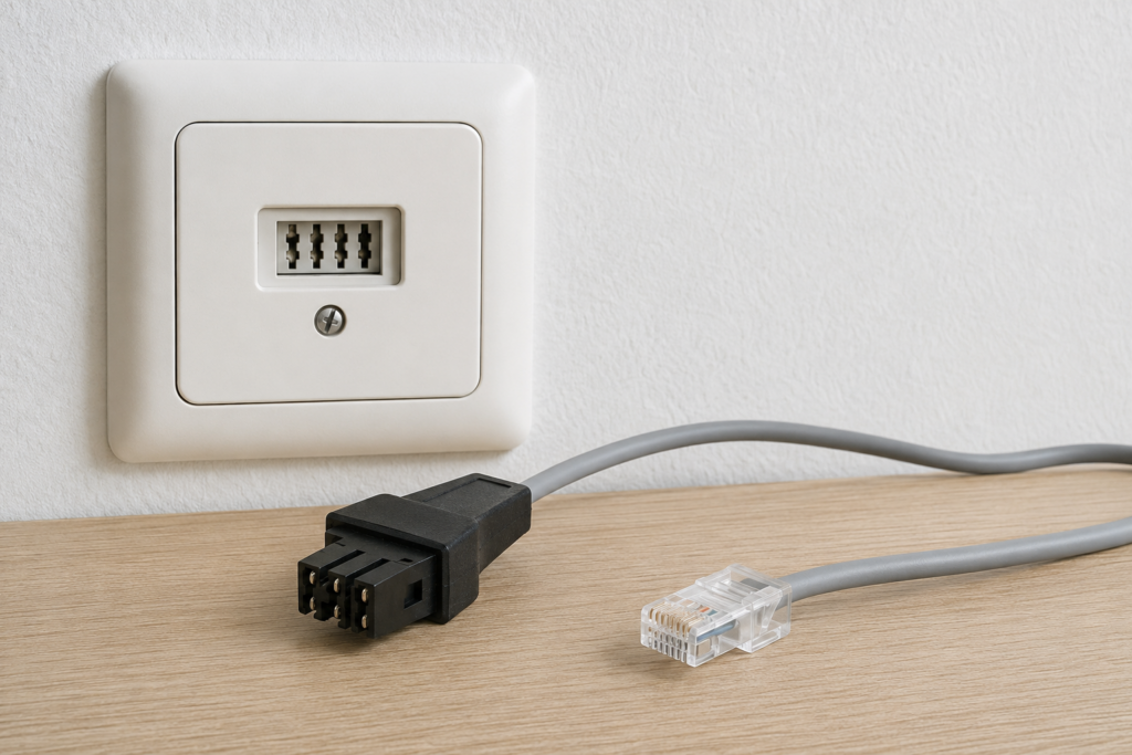 Erste TAE-F-Dose mit passendem DSL-Anschlusskabel zum Router.