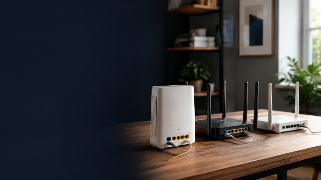Drei Router und Netzwerkgeräte auf einem Holztisch