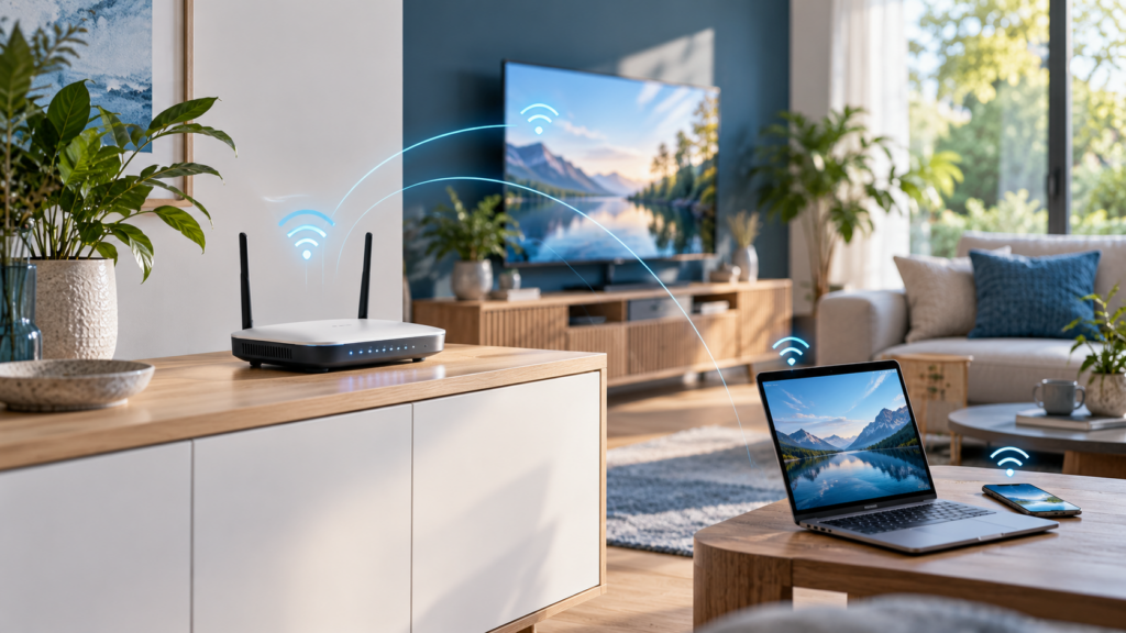 WLAN-Router und vernetzte Geräte im modernen Wohnzimmer