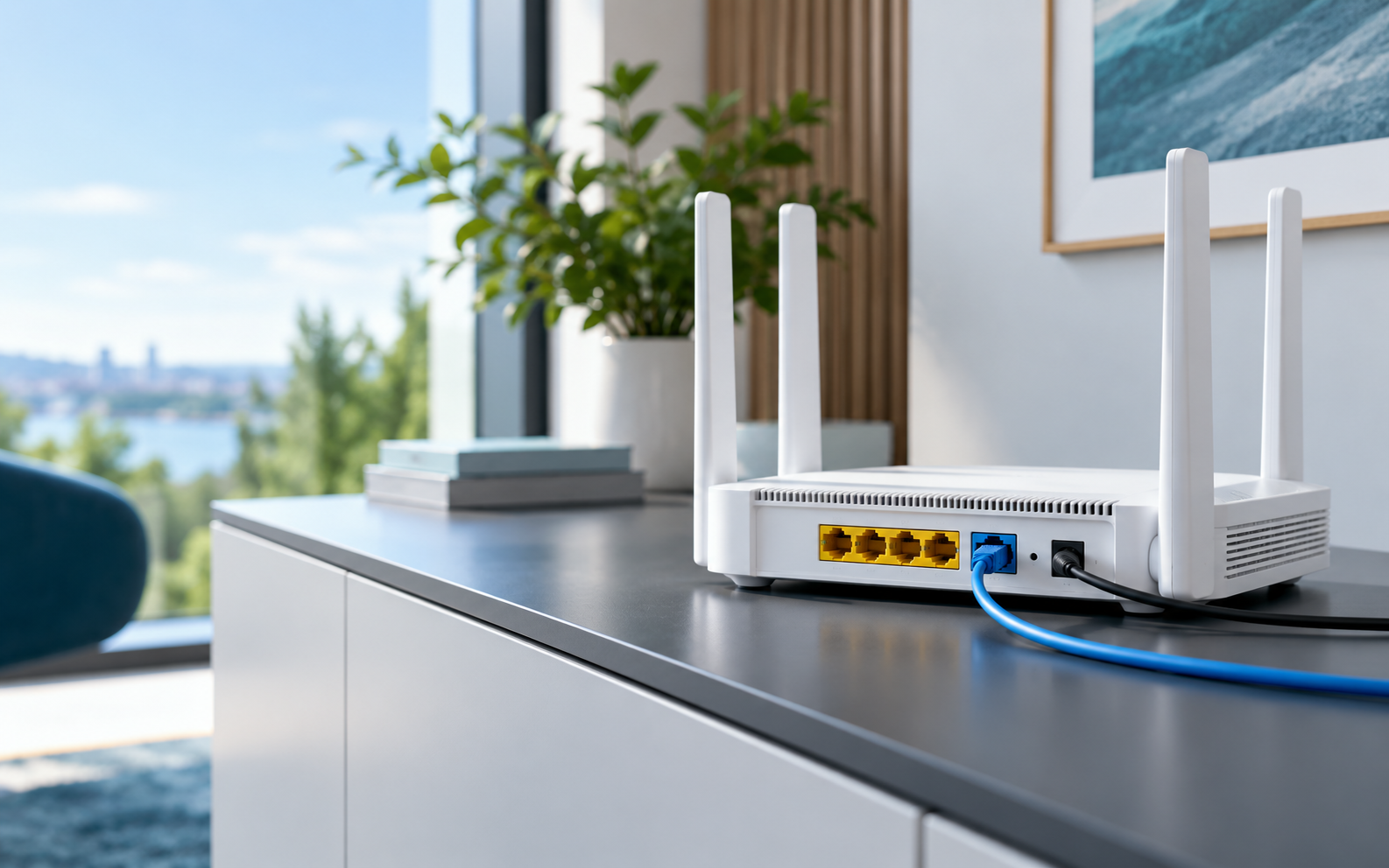 Moderner Heimrouter mit sichtbaren WAN- und LAN-Anschlüssen