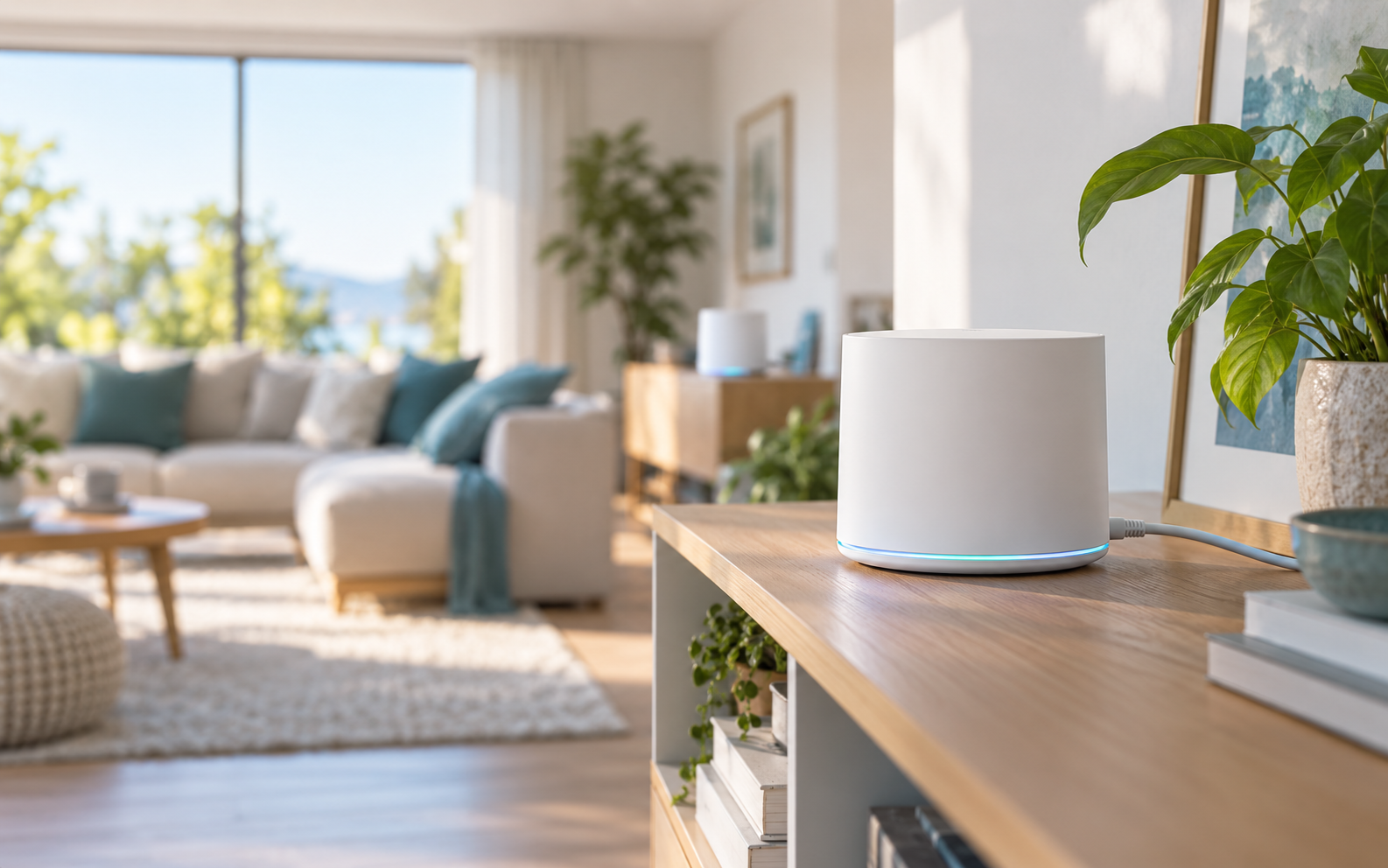 Moderner Mesh-WLAN-Punkt in einem hellen Wohnraum